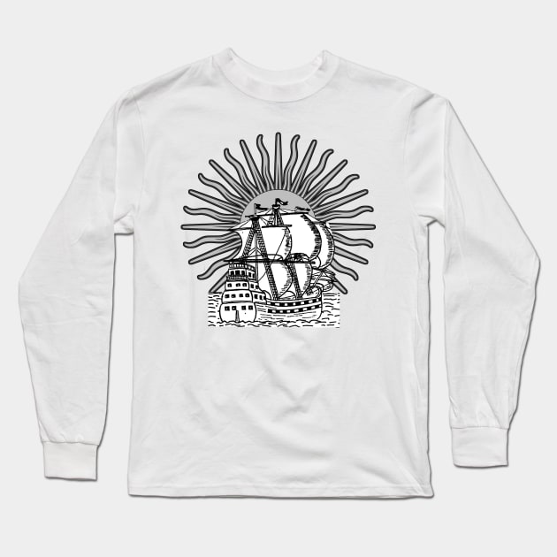 Caravel boat under the sun's rays Long Sleeve T-Shirt by Marccelus